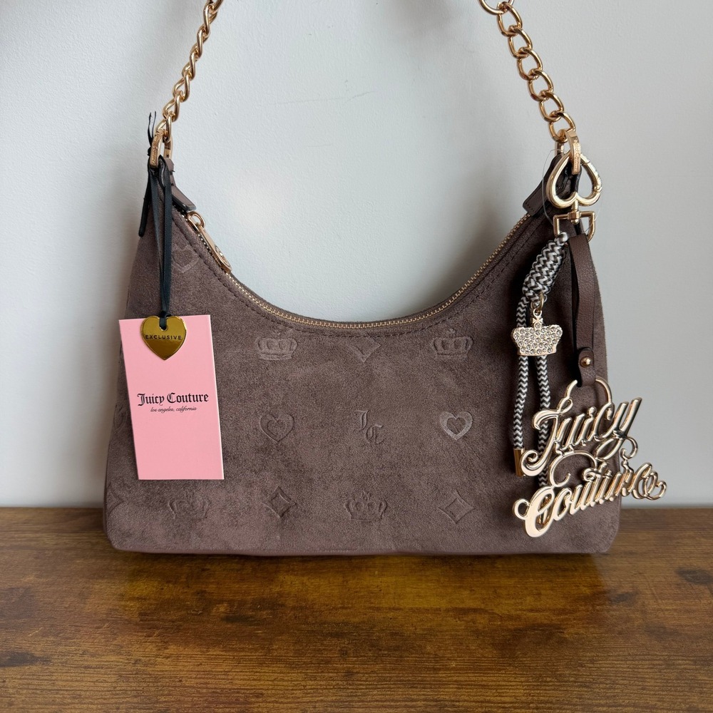 New Juicy Couture Top Players Brown Shoulder Handbag Y2K Charm Heart Gold